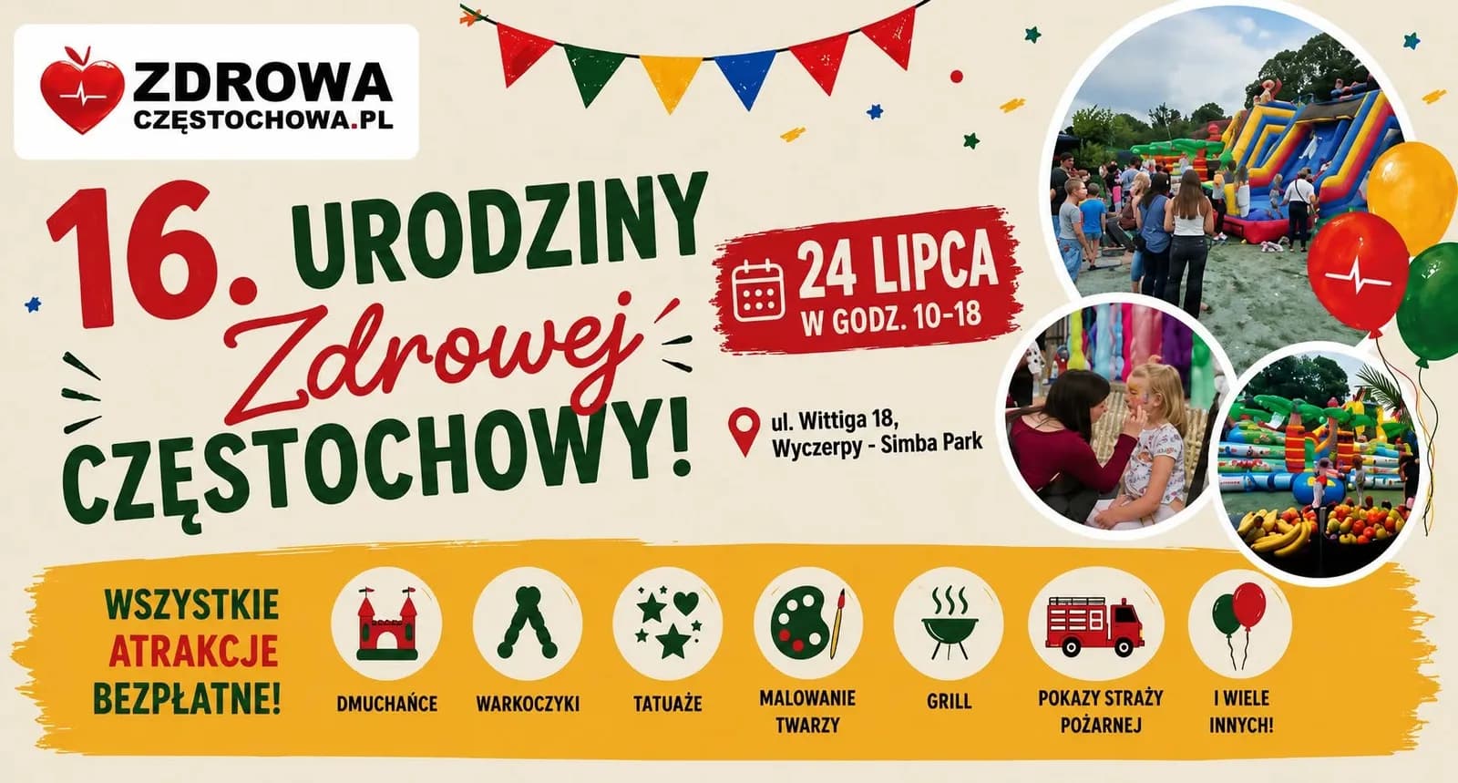 An advertisement for the 16th birthday celebration of Zdrowa Częstochowa, featuring text details, small images of activities like bouncy castles, face painting, and a fire truck, and three circular photos from past events.
