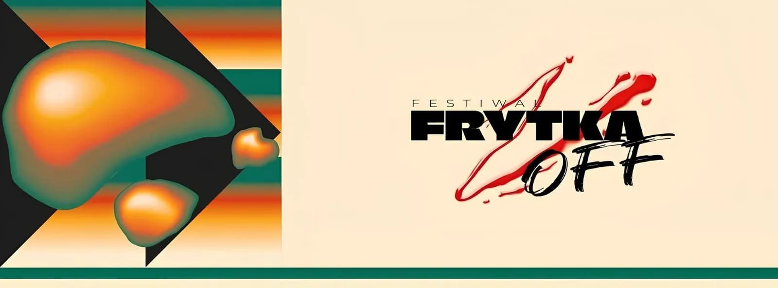 Left side of the image features abstract orange and green shapes against a dark and geometric background, while the right side displays the text "FESTIWAL FRYTKA OFF" on a light background with red splatter accents.