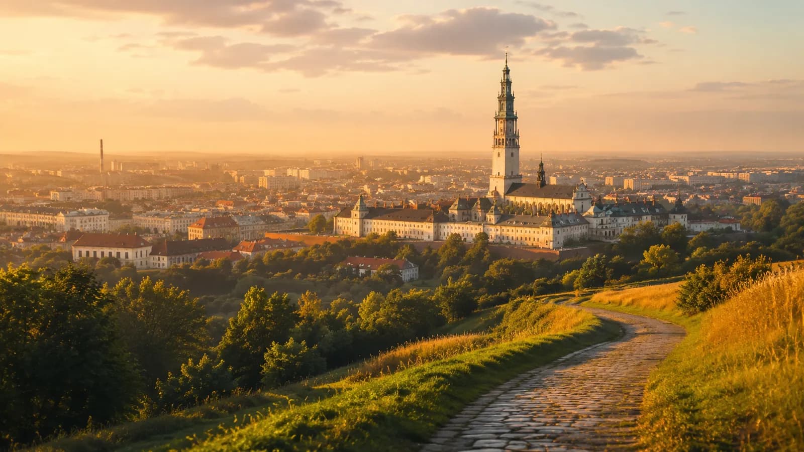 A paved path winding up a grasing hillside with a city and large white church-like building in the background as the sun begins to set.